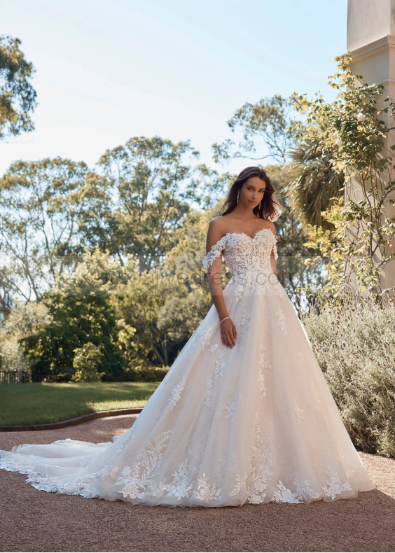 Off Shoulder Beaded Ivory Lace Tulle Royal Wedding Dress